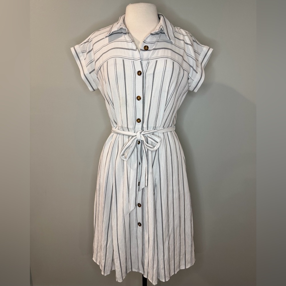 Calvin Klein White Dress with Gray Pinstripes - Midi Shirt Dress